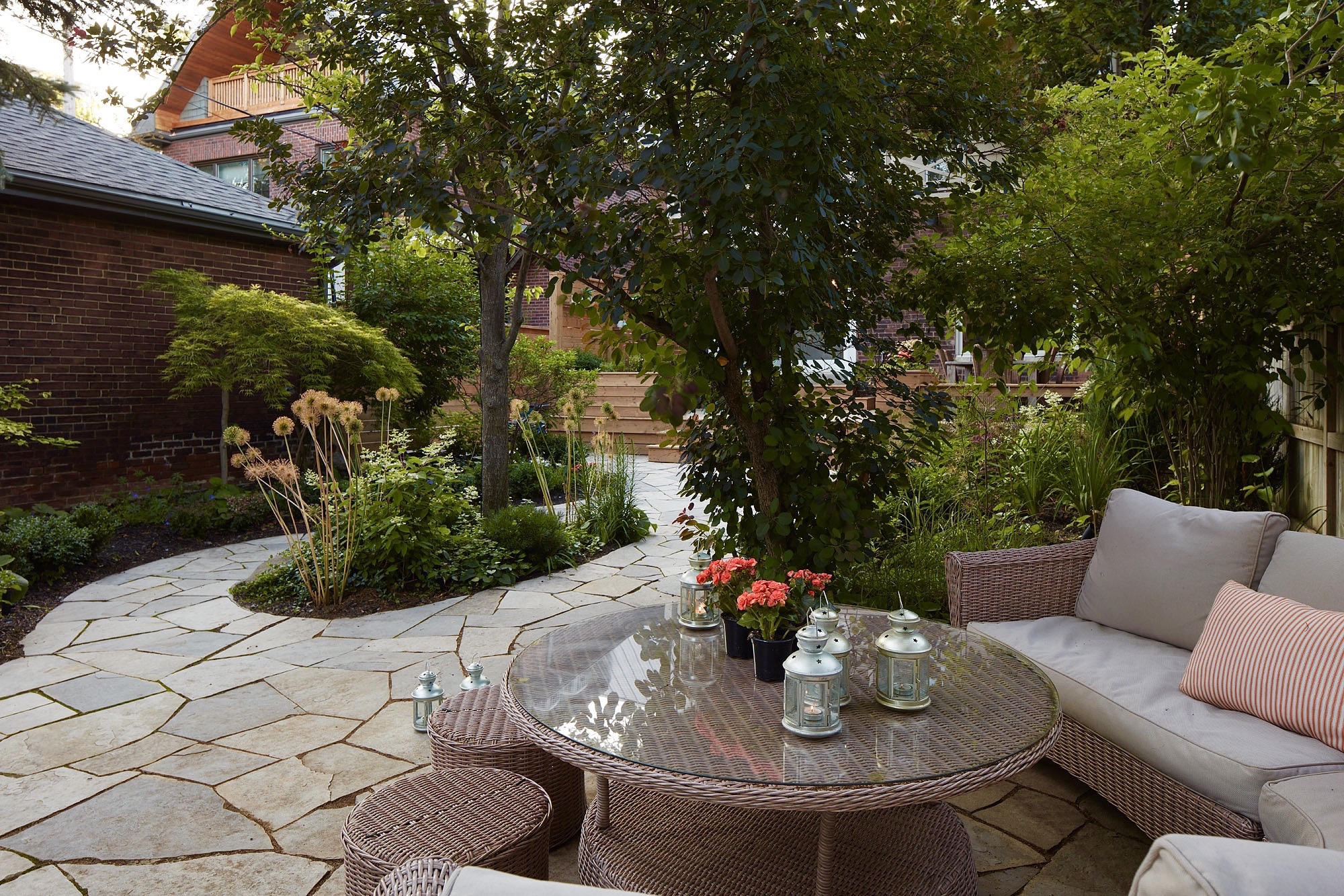 Stone and intricate flower beds with the perfect coffee spot